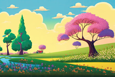 Spring landscape with blossoming trees and meadow. Vector illustration.の素材