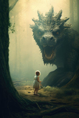 Little girl in the forest with big dinosaur. Fairy tale scene.の素材