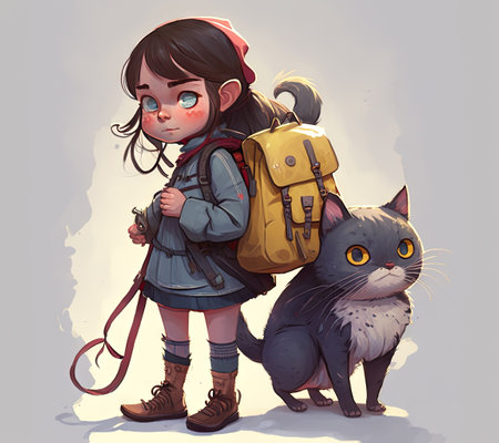 Cute little girl with a backpack and cat. illustration.の素材