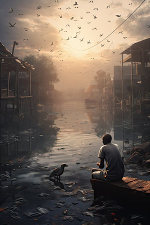 A man sitting on a boat and looking at the bird in the river.の素材