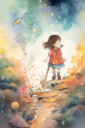 Watercolor illustration of a little girl in the forestの素材