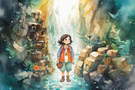 Child in the forest. Cute little boy with a backpack. Watercolor illustrationの素材
