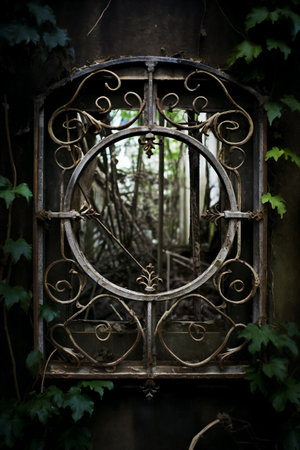 Vintage wrought iron window in the old abandoned house, close upの素材