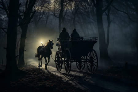 Horse drawn carriage in the foggy forest at night. Horse drawn carriage in the dark forest at night. Fairy tale concept.の素材