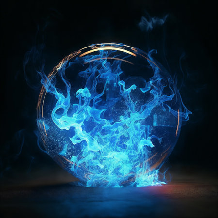 Glowing sphere with blue fire on black background.の素材