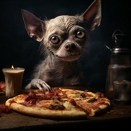 chihuahua dog and pizza on a dark background with smokeの素材