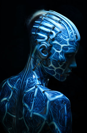 Cyborg woman with blue metal gears on her head. 3d renderingの素材