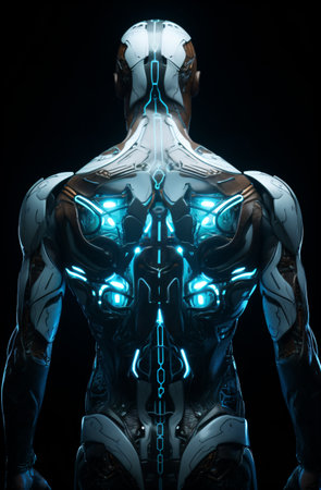 Cyborg man with cybernetic body isolated on black backgroundの素材