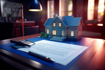 Real estate contract with miniature house on table. Real estate concept.の素材