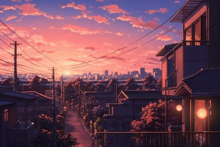 Houses in the city at sunset with a beautiful sky background.の素材