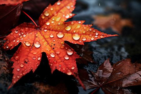 Maple leaf with water drops on a dark background. Autumn concept.の素材