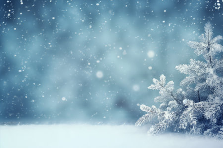Winter background with snow covered trees and bokeh lights, tonedの素材