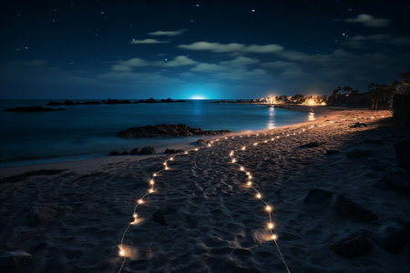 Night view of the beach with starry sky. light path on beach Long exposure.の素材