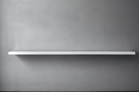 Empty white shelf on grey wall. Mock up, 3D Renderingの素材