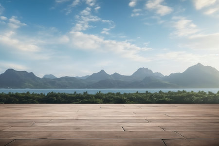 Wooden floor against view of the sea, mountains and blue skyの素材