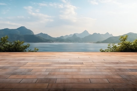 Wooden terrace with view of the lake and mountain in the backgroundの素材