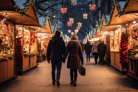 Couple walking on Christmas market. People shopping, walking and enjoying.の素材