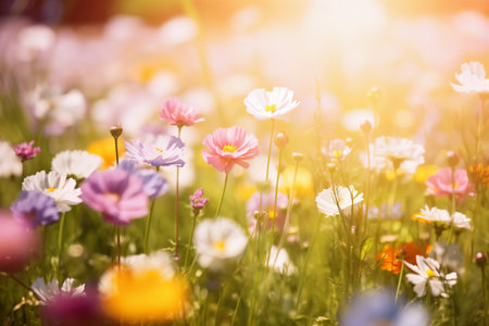 Colorful cosmos flower blooming in the garden with sunlight background.の素材