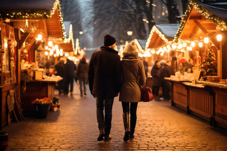 couple walking at christmas market in winter time, back viewの素材