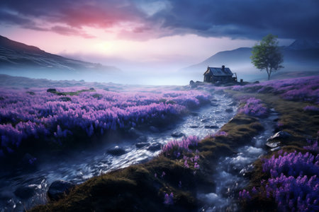 Beautiful landscape with a house in the middle of the purple fields.の素材