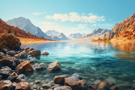 A shot of a lake with some rocks and mountainsの素材