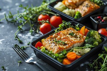 Ready healthy food catering menu in lunch boxes fish and vegetable packages as daily meal diet plan courier delivery with fork isolated on black table background. Take away containers order conceptの素材