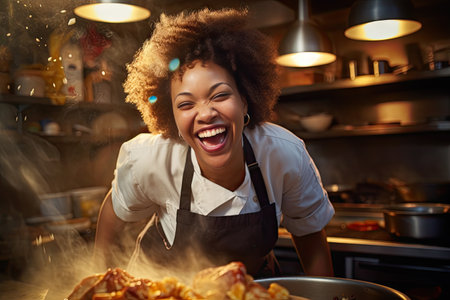 African American female chef having fun while preparing food in the kitchen at restaurantの素材