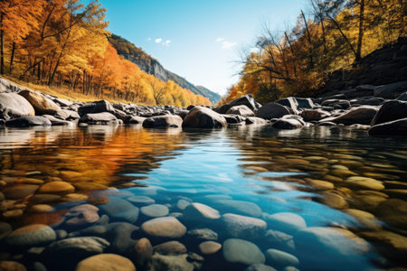 Autumn in a river with rocks and reflections, light teal and light brown, i can't believe how beautiful this is, calm waters, uhd image, light amber and sky-blueの素材
