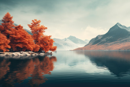 Beautiful mountains and red leaves in a lake, in the style of soft and dreamy tones, dark aquamarine and amber, lively nature scenes, calm and meditativeの素材