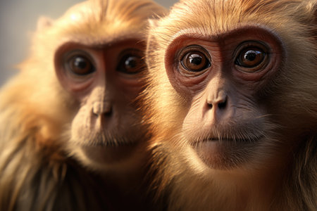 Brown monkeys in the wild, in the style of realistic hyper-detailed portraits, vray tracing, realistic detailing, realistic and hyper-detailed renderings, expressive eyesの素材