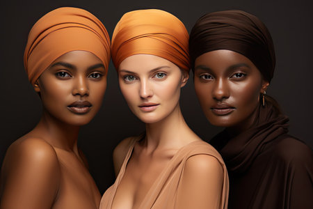 Colorful faces of various ethnic races wearing turbans, in the style of light orange and dark bronze, fashion photography, subtle, earthy tones, minimalist beauty, feminine body, dark gray and light amberの素材