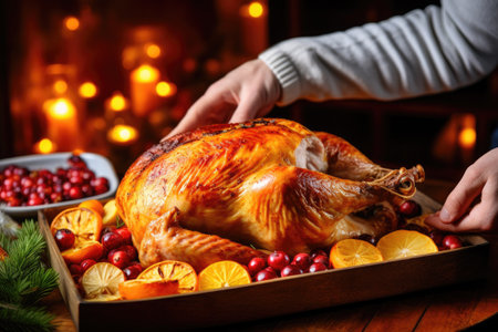 Close-up top view of young father male putting dish with baked hot turkey on holiday dinner table served for Christmas family party, celebrating thanksgiving day with roasted turkey for dinner.の素材