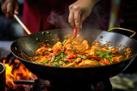 Close up of thai woman cooking red spicy chicken curry in wokの素材