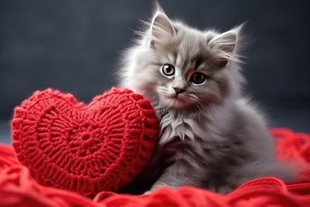 A red knitted heart in the paws of a cat. A postcard with a gray and black fluffy cat for Valentine's Day. Festive background with a cat. copy spaceの素材