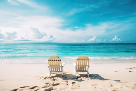 Beautiful beach. Chairs on the sandy beach near the sea. Summer holiday and vacation concept for tourism. Inspirational tropical landscape. Tranquil scenery, relaxing beach, tropical landscape designの素材