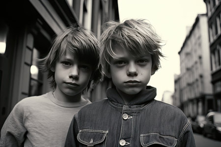 Analog film portrait of twin brothers looking at camera. They are in a street and the image is in monochrome.の素材