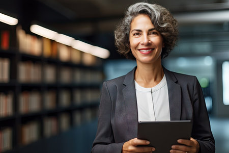 Latin Hispanic mature adult professional business woman looking at camera and smiling. European businesswoman CEO holding digital tablet using fintech tab application standing at workplace in officeの素材