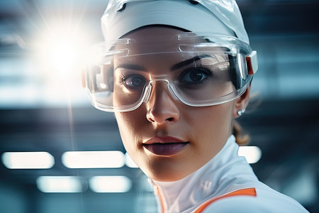 Beautiful Professional Female Swimmer in Swimming Pool, Wearing Cap, Looks Confidently at the Camera, Puts on Goggles, Ready to Win the Championship, Set New World Record. Cinematic Close-up Portraitの素材