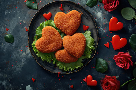 Breaded heart shaped hamburger patties in a valentines day themed setting, flat lay photography, realism, commercial, advertisingの素材