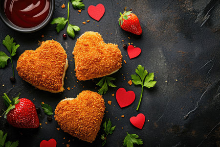 Breaded heart shaped hamburger patties in a valentines day themed setting, flat lay photography, realism, commercial, advertisingの素材