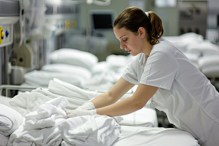 A nurse assistant preparing the linens on a hospital bed.の素材