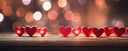 Close up of red hearts on wooden table against defocused lights. St. Valentines Day backgroundの素材