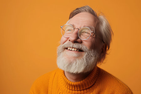 Medium shot portrait photography of a pleased man in his 50s against a light orange backgroundの素材