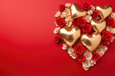 Gold foil heart shape balloons with flying roses and ranunculuses on a red background, celebration,の素材