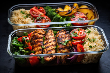 Grilled chicken meal prep with cooked rice and vegetablesの素材