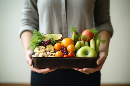 Hand of woman holding lunch box with healthy food on tableの素材