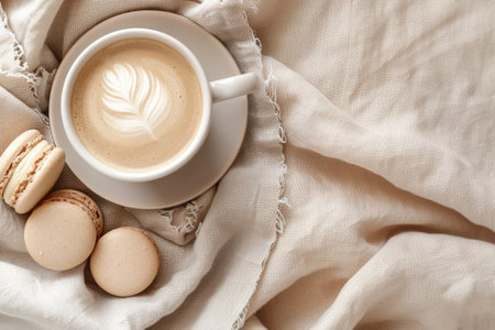Photo top view, beige mug with cappuccino, beige macaroons on a beige saucer, on a beige tableclothの素材
