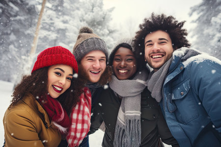 Multiracial young happy group of friends having fun together on winter holidaysの素材