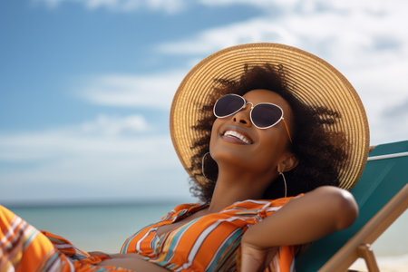 Happy young black woman relaxing on deck chair at beach wearing spectacles. Smiling african american girl with sunglasses enjoy vacation. Carefree happy young woman sunbathing at sea with copy space.の素材