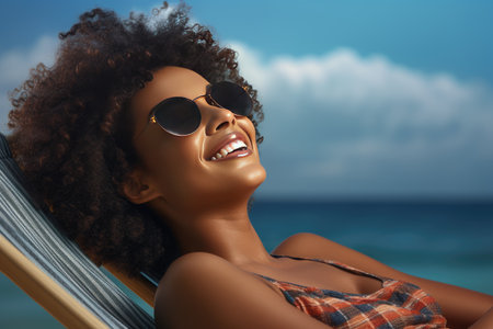 Happy young black woman relaxing on deck chair at beach wearing spectacles. Smiling african american girl with sunglasses enjoy vacation. Carefree happy young woman sunbathing at sea with copy space.の素材
